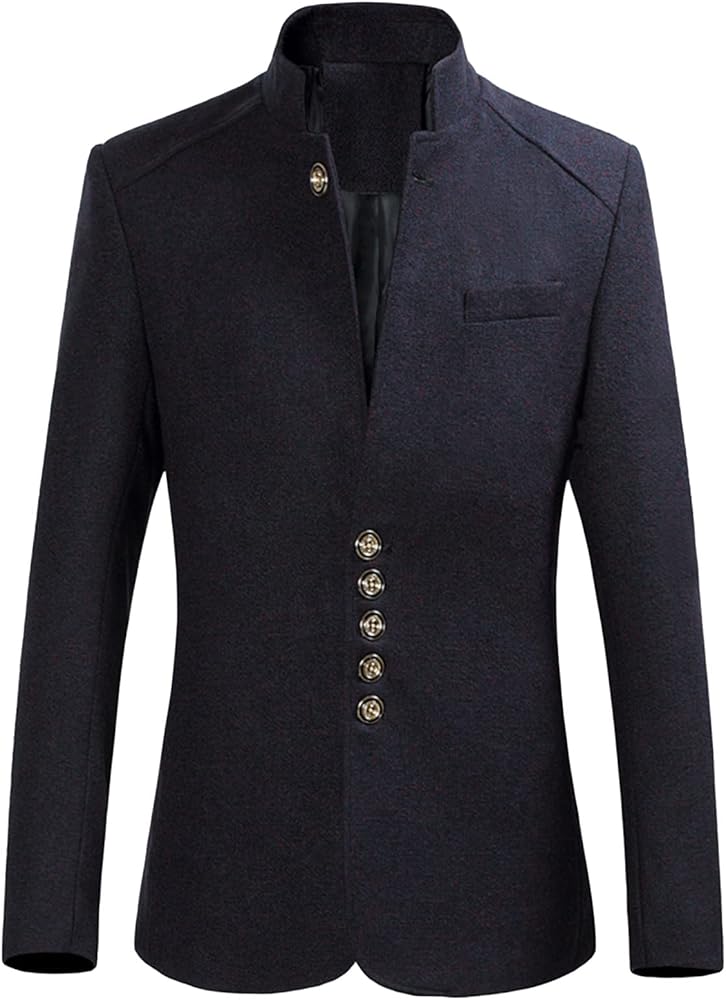Men Stand Collar Retro Blazer Jacket Winter Solid Slim Fit Chinese Tunic Suit 5 Button Mandarin Collar Sport Coat (Blue,X-Large)