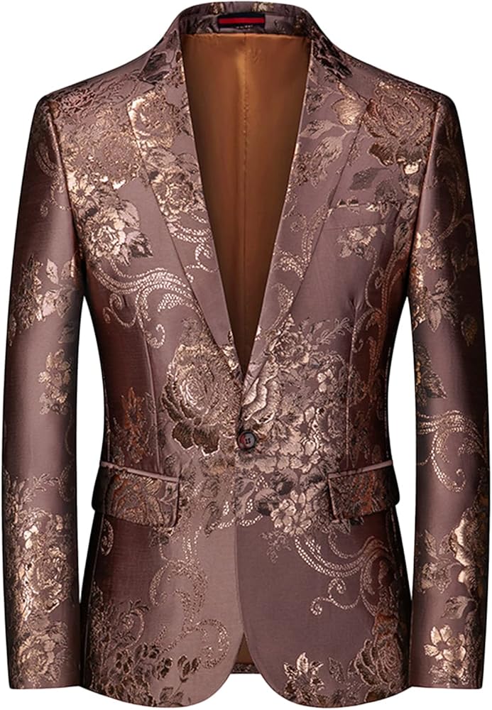 Mens Casual Blazers Bright Silk Jacquard Notched Lapel Embroidered Jacket Performance Dinner Business Casual Suit