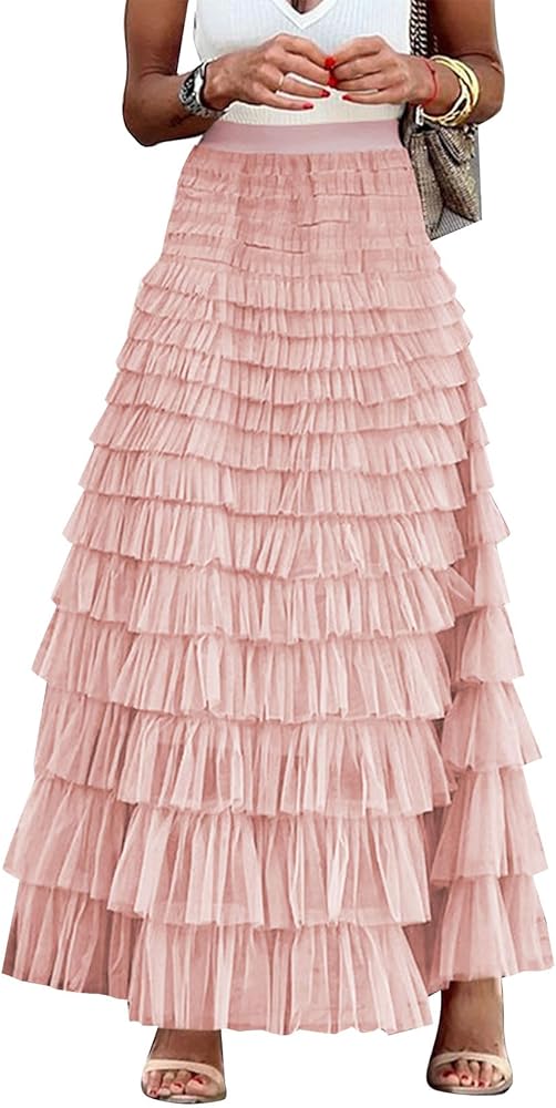 Flygo Women's Long Maxi Tiered Tulle Skirts High Waisted A-Line Layered Mesh Tutu Skirt Petticoat