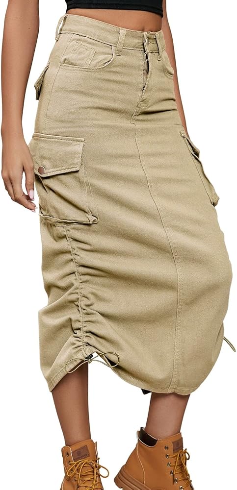 chouyatou Women's Y2K Cargo Skirt Jean Adjustable Casual A-Line Midi Long Denim Skirt