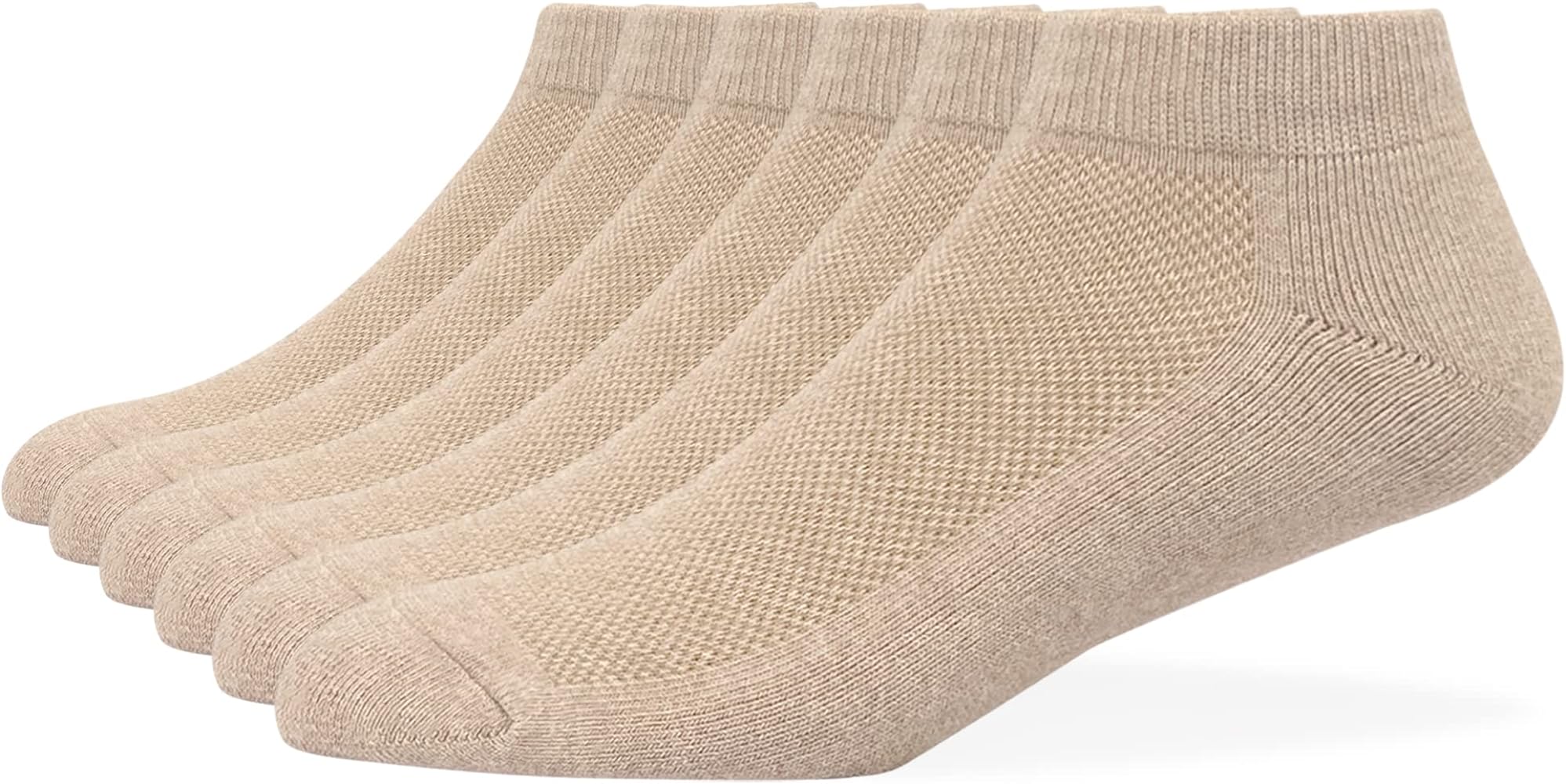 Men's Performance Cotton Cushioned Athletic No-Show Socks Low Cut Ankle Short Tan, 6 Pairs