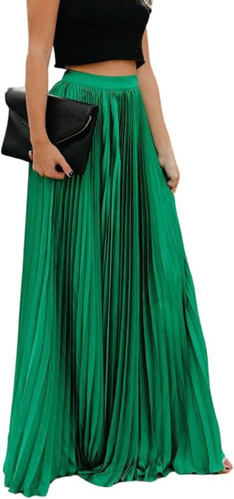 Women's High Elastic Waist Pleated Flowy Swing A-line Maxi Skirts