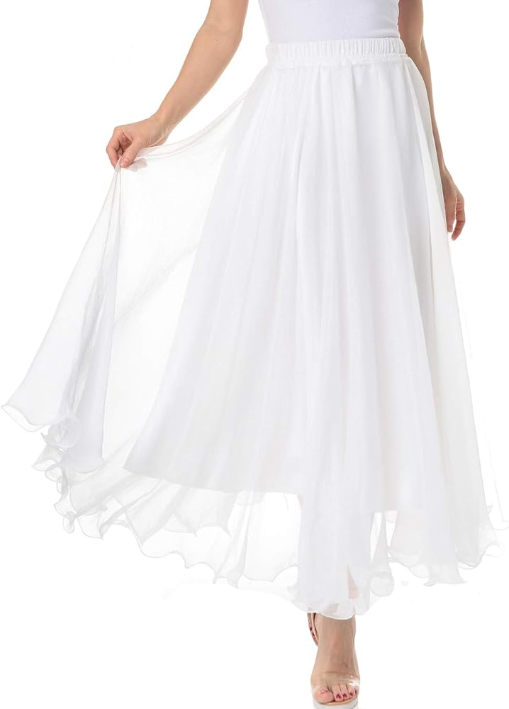 Womens Full/Ankle Length Elastic Waist Pleated Beach Maxi Chiffon Summer Long Skirt Big Hem Double Layer