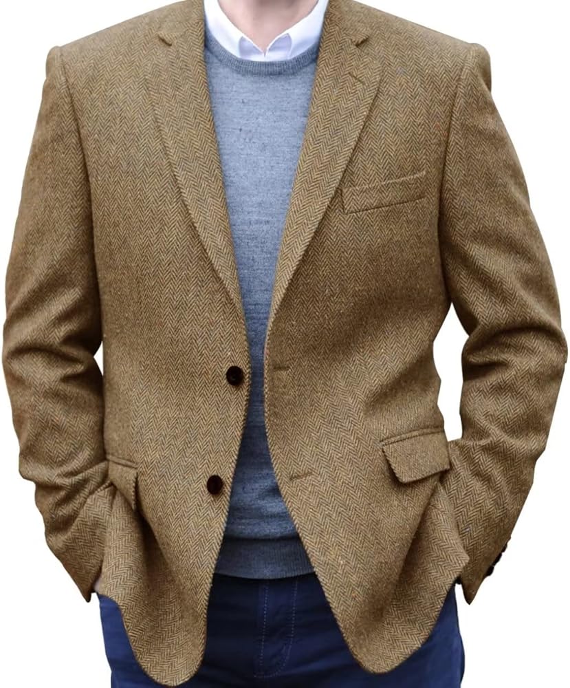 Men's Herringbone Tweed Blazer Jacket 2 Button Lightweight Casual Sport Coat Wedding Groomsmen Prom Jackets