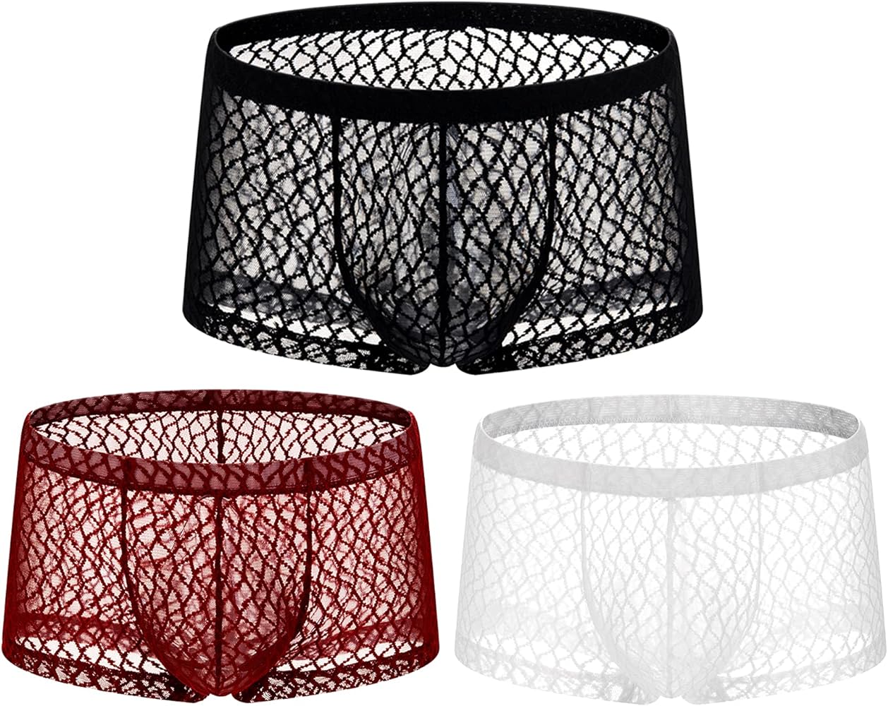 Casey Kevin Men's Underwear Sexy See Through Lace Boxer Briefs Mesh Trunks, B6-3 PACK-MULTICOLOR-CK2133-US-B, X-Large