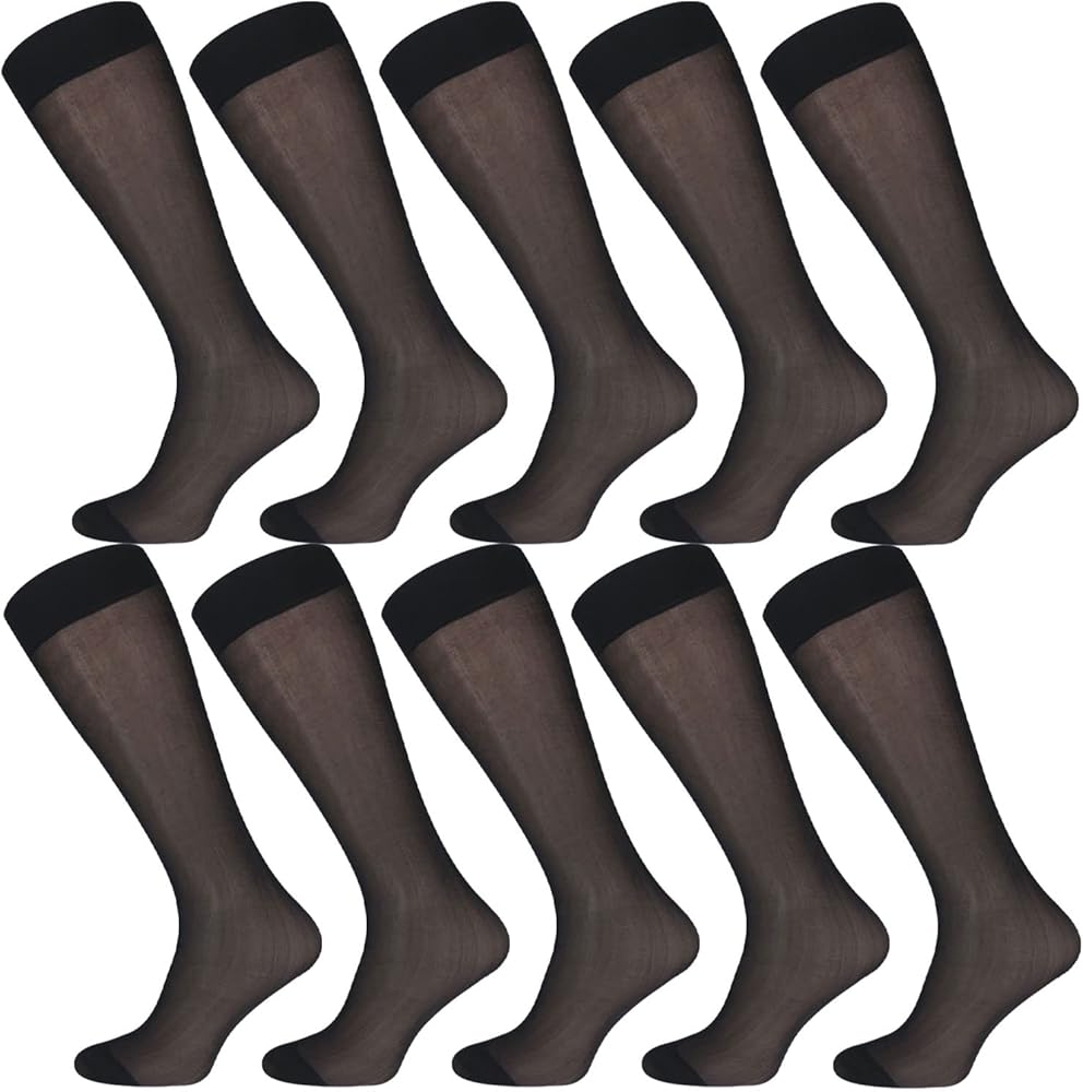Uaussi 10 Pairs Men Silk Socks OTC Ultra Thin Dress Socks Sheer Business Socks Soft Nylon Over the Calf