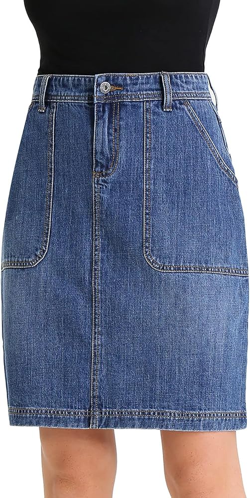 Women's Low Stretch Denim A-Line Skirt 14 Pit Stretch Corduroy Knee Length Mid Skirt Mini Denim Skirt with Pockets
