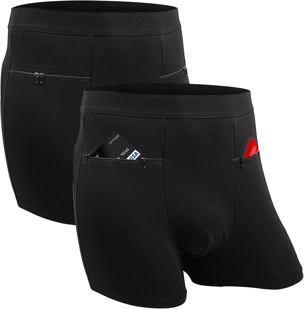 Men's Boxer Briefs Secret Hidden Pocket, Travel Underwear with Secret Front Stash Pocket (Black) - 2 Packs
