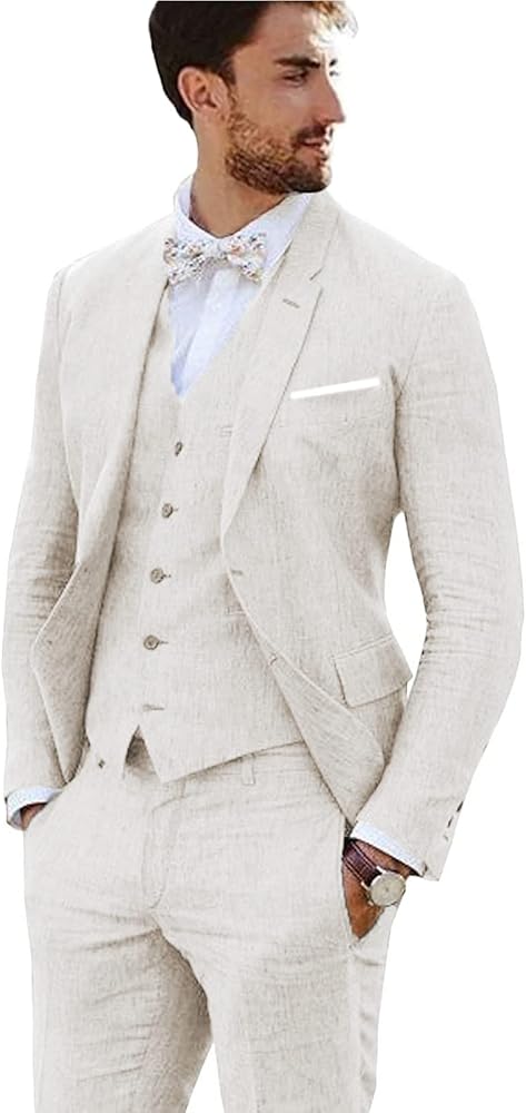 Furuyal Linen Suit 3 Pieces Vintage Retro Wedding Prom Suits Slim Fit Jacket Blazer Groom Tuxedos