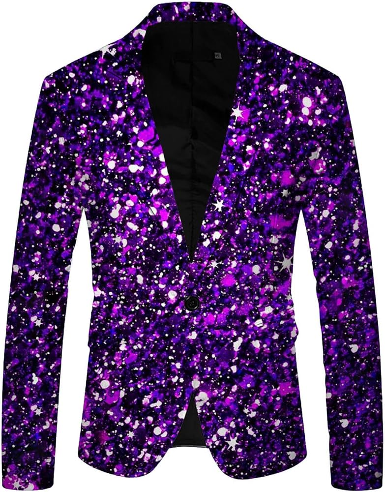 Mens 3D Sequin Suit Jacket Printed Pocket Lapel Button Up Blazer for Stage Performance Yacht Celebration
