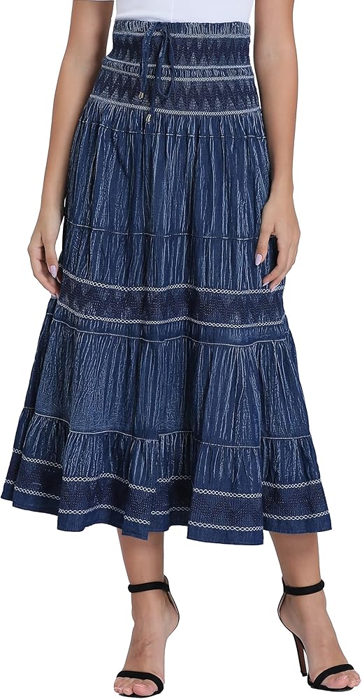 DREFBUFY Maxi Skirt Womens High Waist Pleated Tiered Long Skirts Denim Casual Style Midi Dress for Women