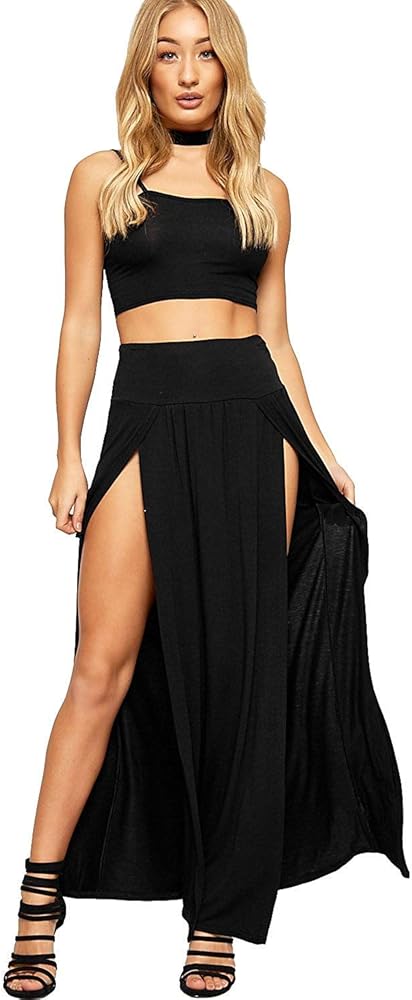 OgLuxe Womens Double Split Maxi Long Skirt Ladies Plain Basic Two Side Slit 4-22