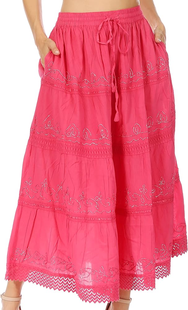 Sakkas Solid Embroidered Crochet Lace Trim Gypsy Bohemian Mid Length Cotton Skirt