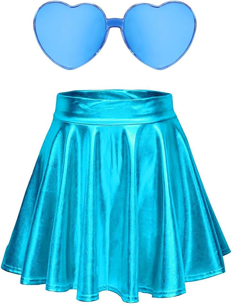 Women Metallic Skirts Shinny Skater Sparkly Flared Pleated A-Line Circle Skater Skirt Outfit with Sunglasses