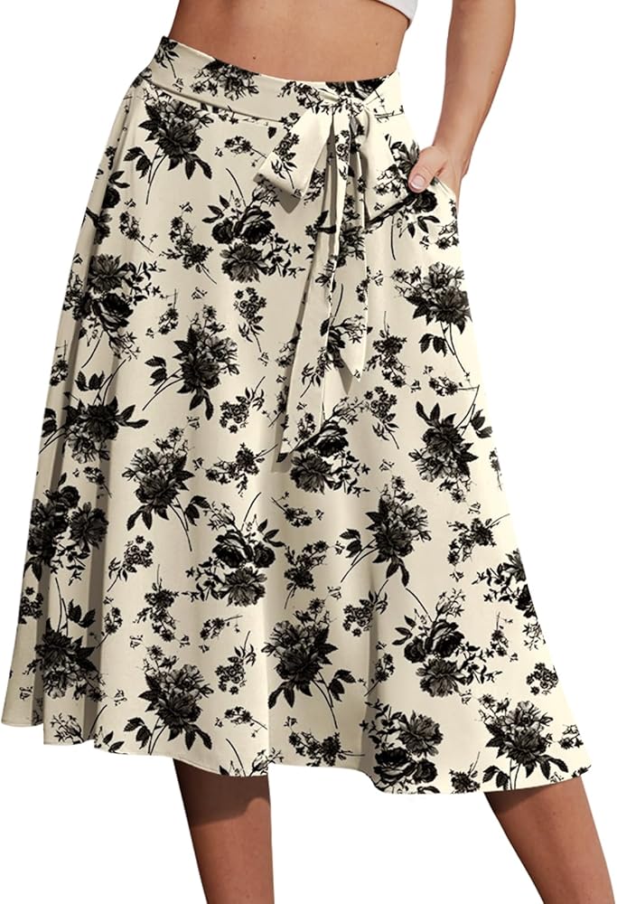 Yincro Women's A-Line Midi Skirt with Pockets High Waist Flared Below The Knee Skirts