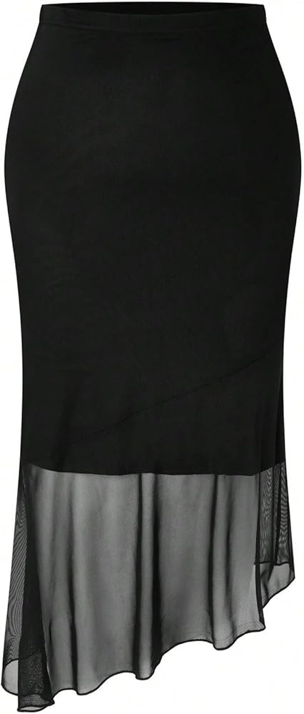 Avanova Women Mesh Asymmetrical Ruffle Mermaid Midi Skirt High Elastic Wasit Bodycon Skirt