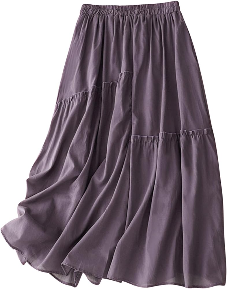 Cotton Linen Skirts for Women Summer Elastic Waisted Swing Tiered Double Layerd Maxi Skirts Irregular Ruffle Lightweight