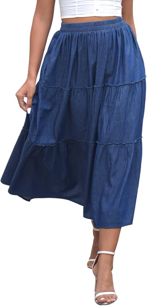 DREFBUFY Women's Mae Pleated Flowy Cxi Skirt Denim Tiered Elastic Waist Rufflasual Long Skirts with Pockets for Summer