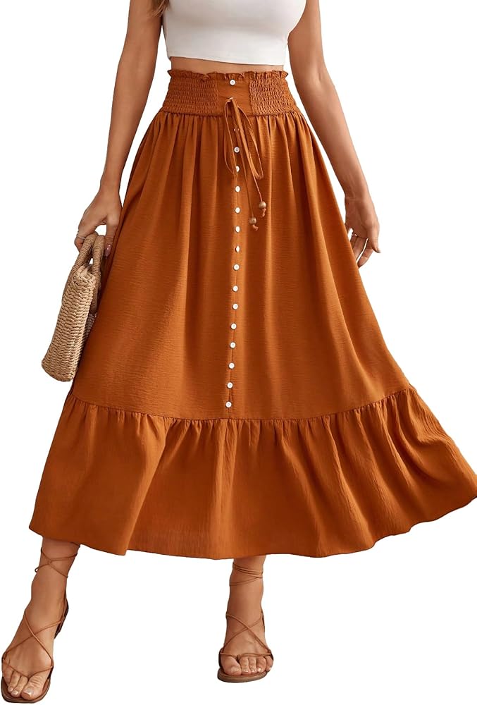 WDIRARA Women's Paperbag Waist Ruffle Hem Button Front Skirt Knot Front A Line Skirts