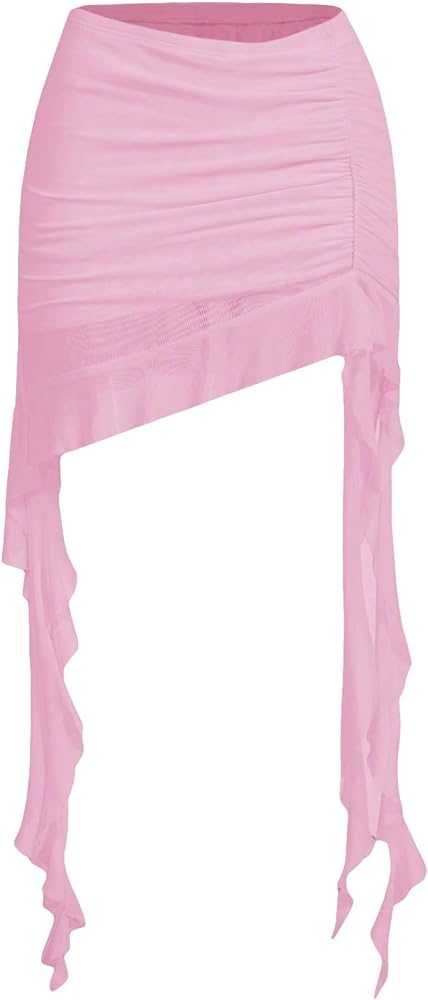 Floerns Women's Asymmetrical Side Ruched Ruffle Trim Low Waist Mini Skirt