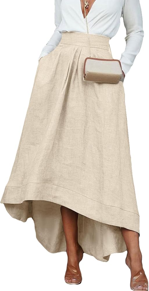 Women's Boho Cotton Linen Long Flowy Skirt High Waist A Line Asymmetric Skirt Casual Elegant Swing Maxi Skirt
