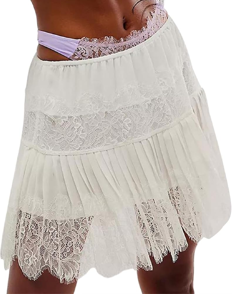 Women Lace Slip Skirt Pleated Flowy Mini Lace Skirts Low Rise Lace Mesh Half Slip Skirt Underskirts