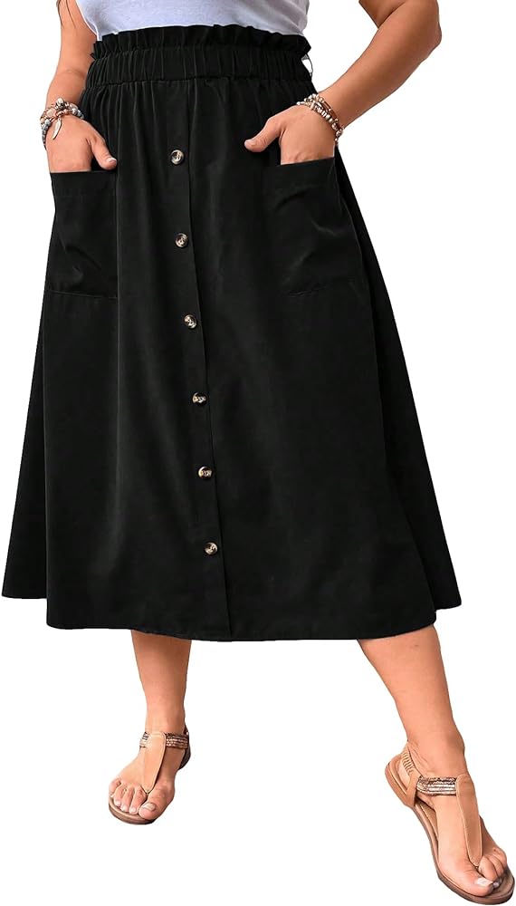 OYOANGLE Women's Plus Size Elastic High Waist Button Front Loose A Line Midi Skirt with Pocket