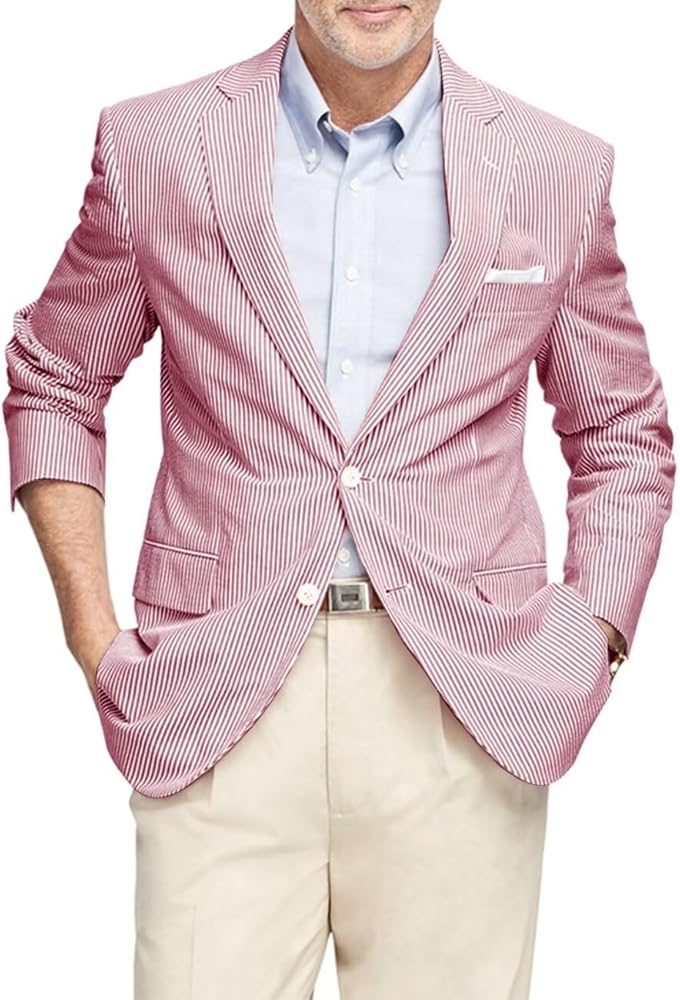 Men Seersucker Jacket 2 Button Seersucker Blazer Casual Lightweight Suit Blazer Beach Wedding Striped Sports Coat