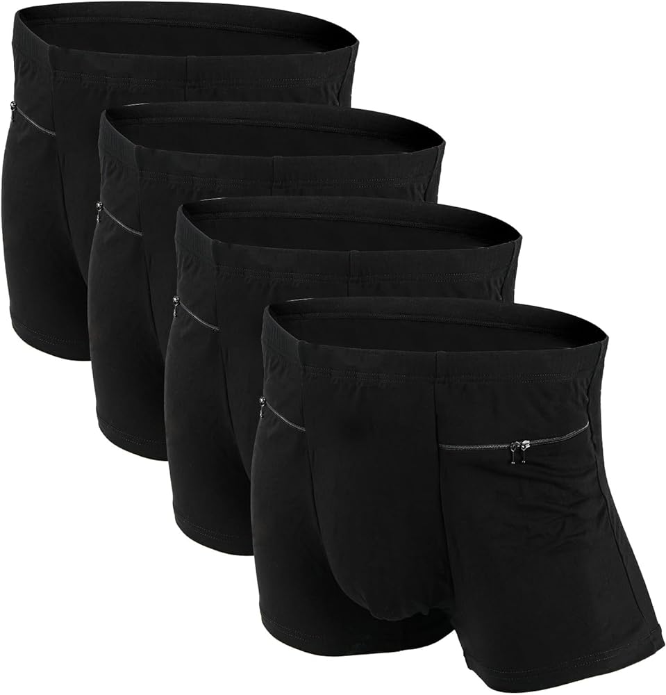 Pocket Underwear for Men with Secret Hidden Pocket, Travel Boxer Briefs, 4 Packs (Black)