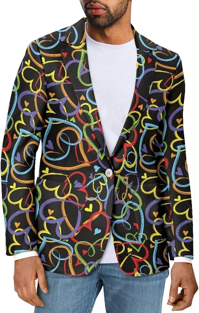 Gay Pride Rainbow Colored Hearts Print Mens Blazers Business Casual Men Suit Sport Coat One Button Travel Blazer Lightweight Suit Jacket