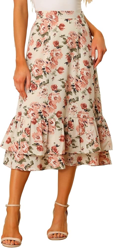 Allegra K Women's Printed Skirt Chiffon Elastic Waist Ruffle Tiered Flowy Midi Skirts