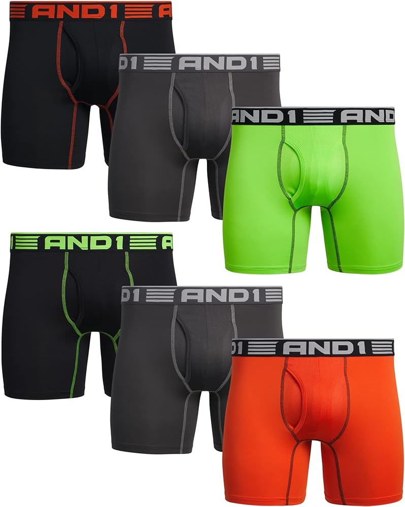 AND1 Men's Underwear Boxer Briefs - 6 Pack Performance Stretch Compression Boxers for Men with Functional Fly Pouch (S-3XL)