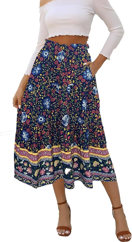 Naggoo Women's Skirts High Elastic Waisted Casual Skirt Pleated Floral/Solid Midi Skirts with Pockets
