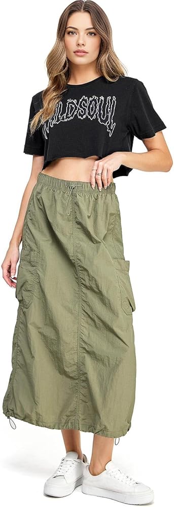 Love Tree Women's Juniors Parachute Cargo Maxi Skirt