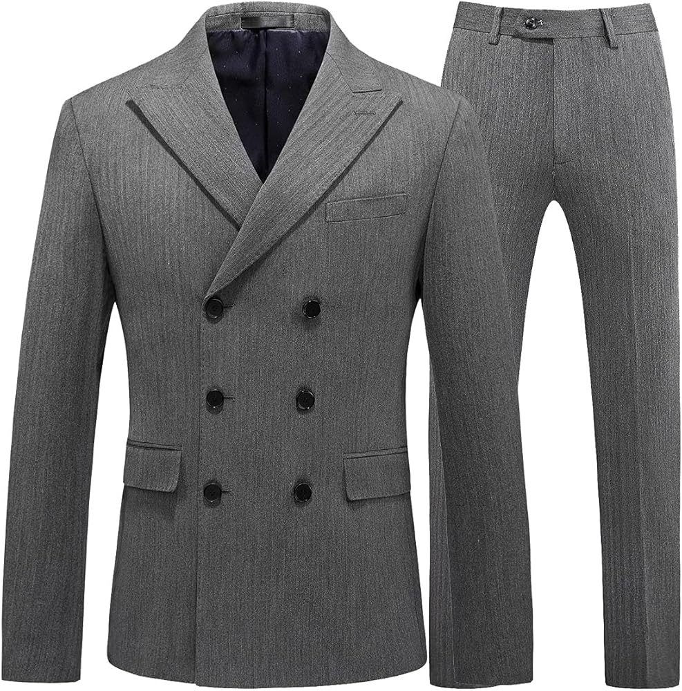 KUDORO Mens Suits 3 Piece Slim Fit Suit Double Breasted Pinstripe Suit Formal Wedding Tuxedo Suit