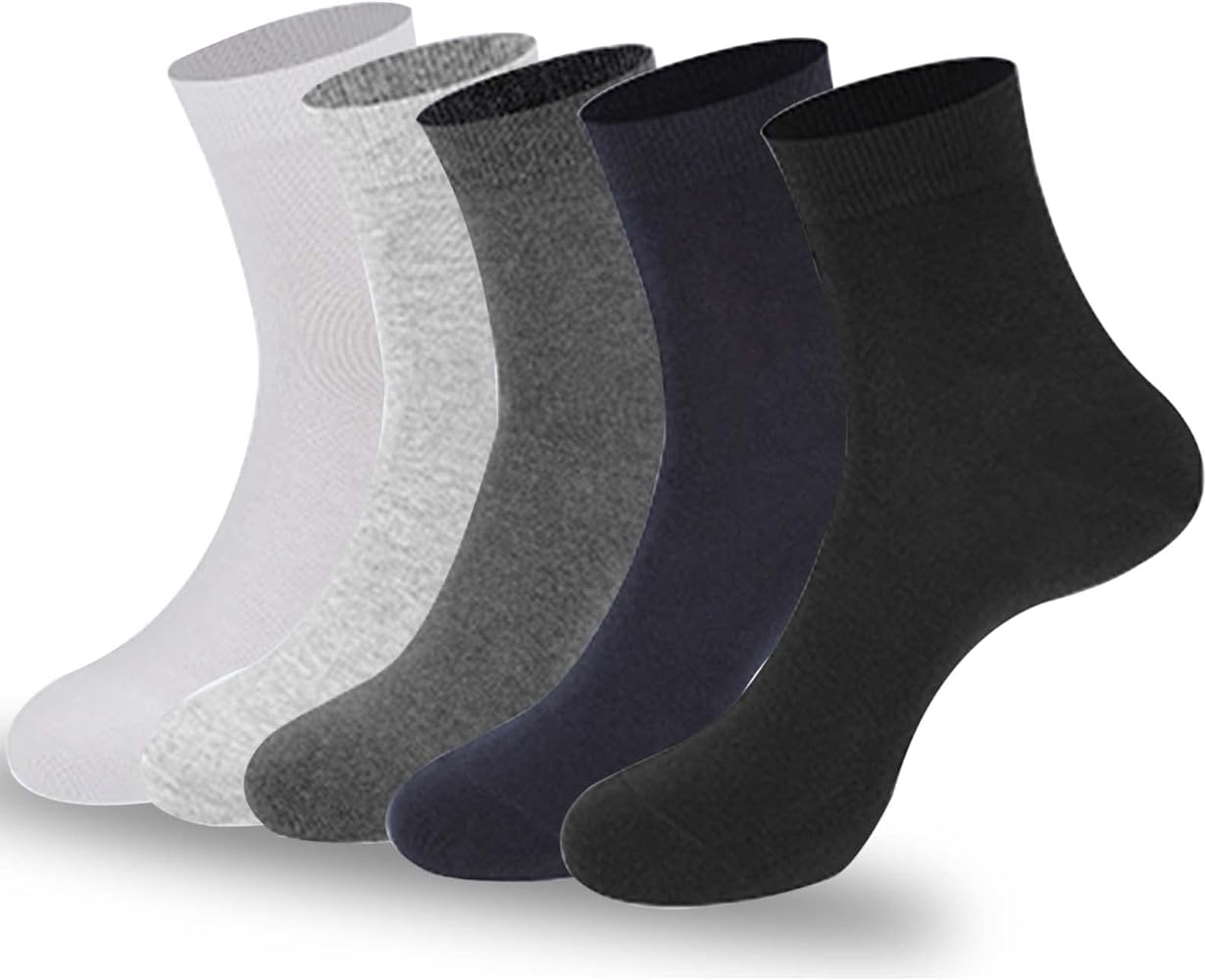 [Pack Of 5 Pairs] Waikas Men's Mid Calf Socks, Stretch Cotton Socks For Man, Common Size, Black/White/Grey/Dark Grey/Navy Blue each color 1 pcs, 5pcs Packing