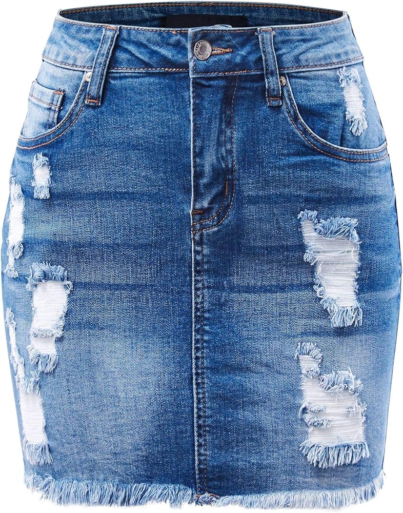 FashionMille Women Popular Mid Waisted Stretch Comfy Denim Mini Skirt w Pockets