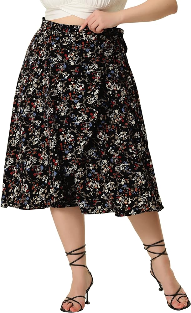 Agnes Orinda Women's Plus Size Boho Floral Wrap Skirts a Line Midi Chic Ruffled Hem High Waisted Skirt