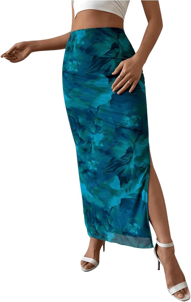OYOANGLE Women's Tie Dye High Elastic Waist Bodycon Long Skirt Boho Split Side Maxi Skirts