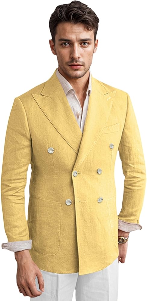 Men's Linen Blazer Lightweight Double Breasted Suit Jacket Casual Sport Coat for Beach Wedding