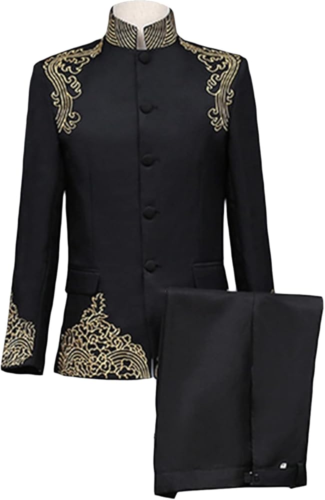Men's Chinese Tunic Suit 2 Piece Vintage Mandarin Collar Blazer Pant Set Traditional Luxury Formal Suit Sets