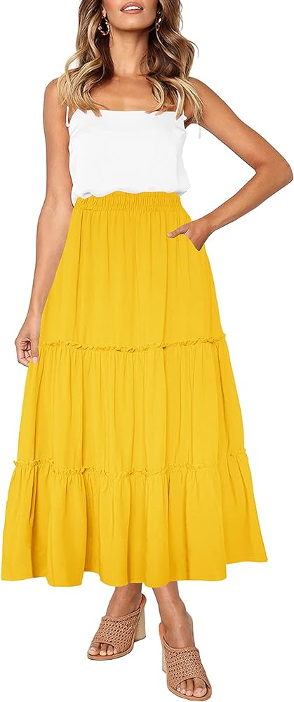 Afibi Womens High Waist A Line Ruffle Swing Long Maxi Skirt with Pockets