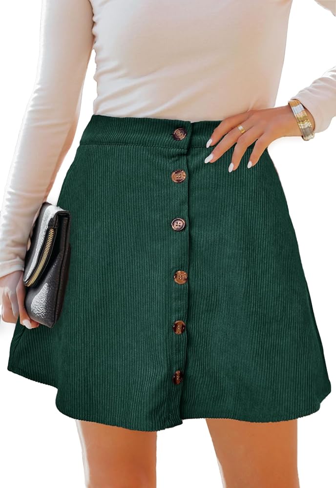 Women’s Button Front Mini Skirt A-line Pleated Corduroy Skater Skirts for Women with Pocket