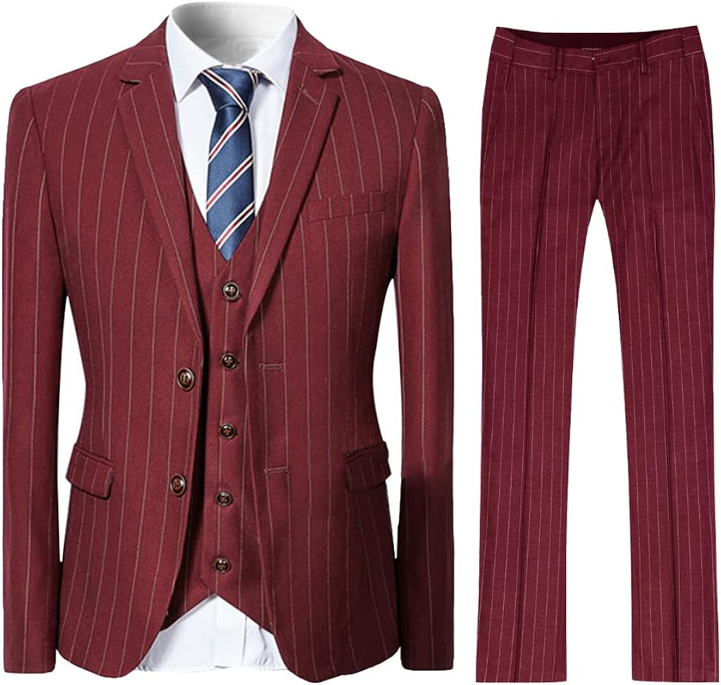 Cloudstyle Mens 3 Piece Stripe Suit Set Center Vent 2 Button Tux Blazer Jacket Vest Trousers