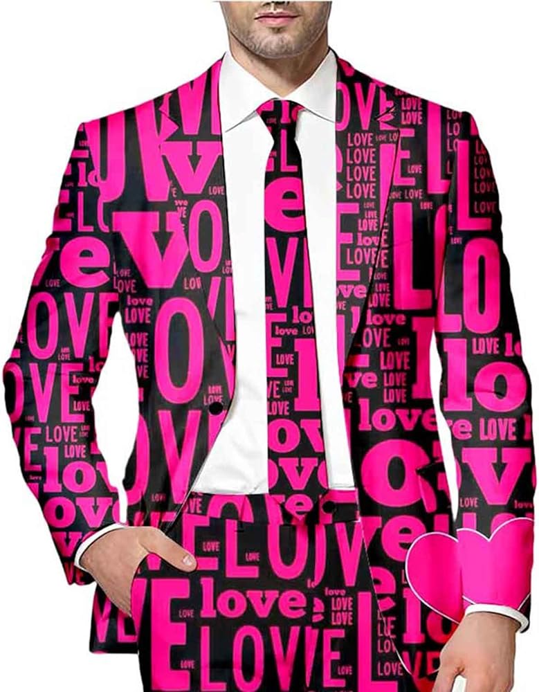 Men's Tuxedo Jacket for Valentine's Day Sweet Heart Printed Suit Jacket Wedding Prom Dinner Party Blazer Sport Coat