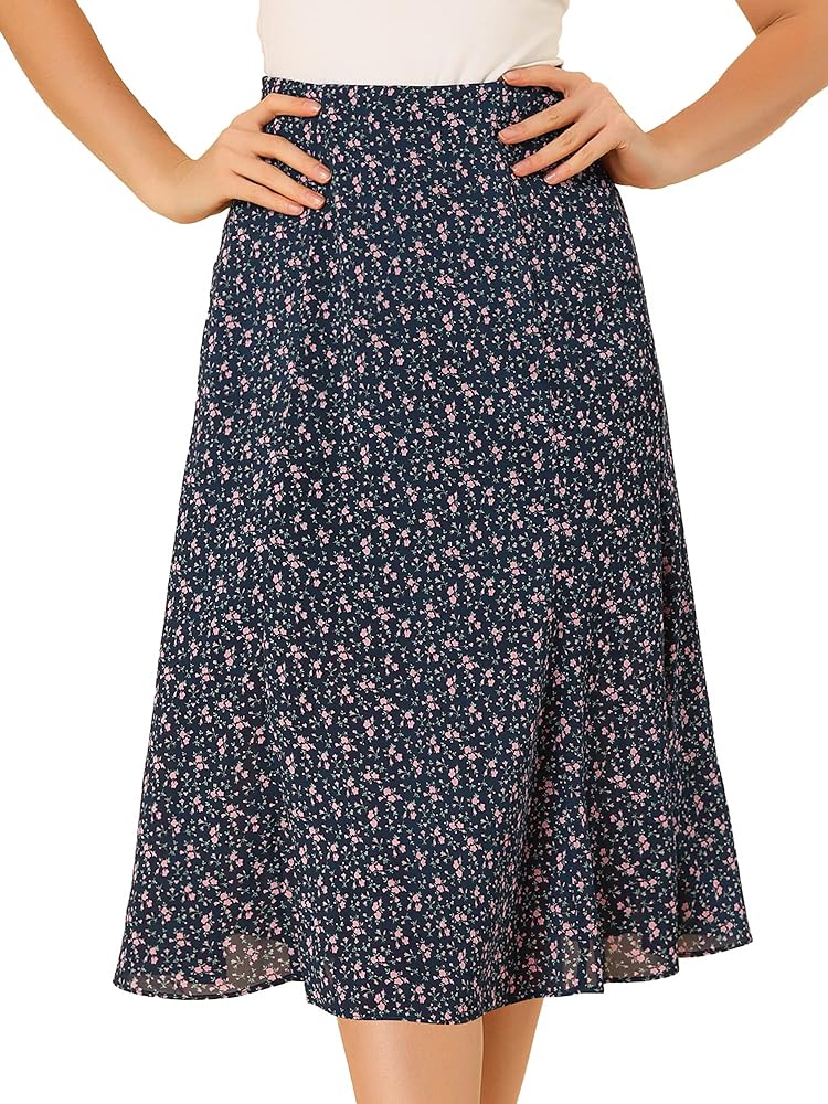 Allegra K Women's Floral Midi Skirt Peasant Elastic Waist A-Line Ditsy Leave Print Skirts