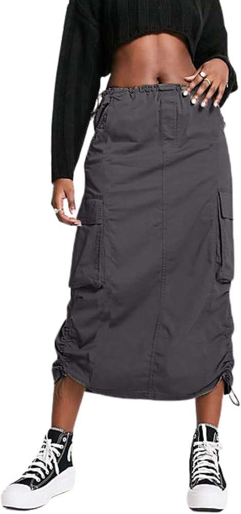 BLUEMING Women Y2k Cargo Long Skirt Low Waist Drawstring Maxi Skirt Ruched Vintage Slit Cargo Skirt with Pockets