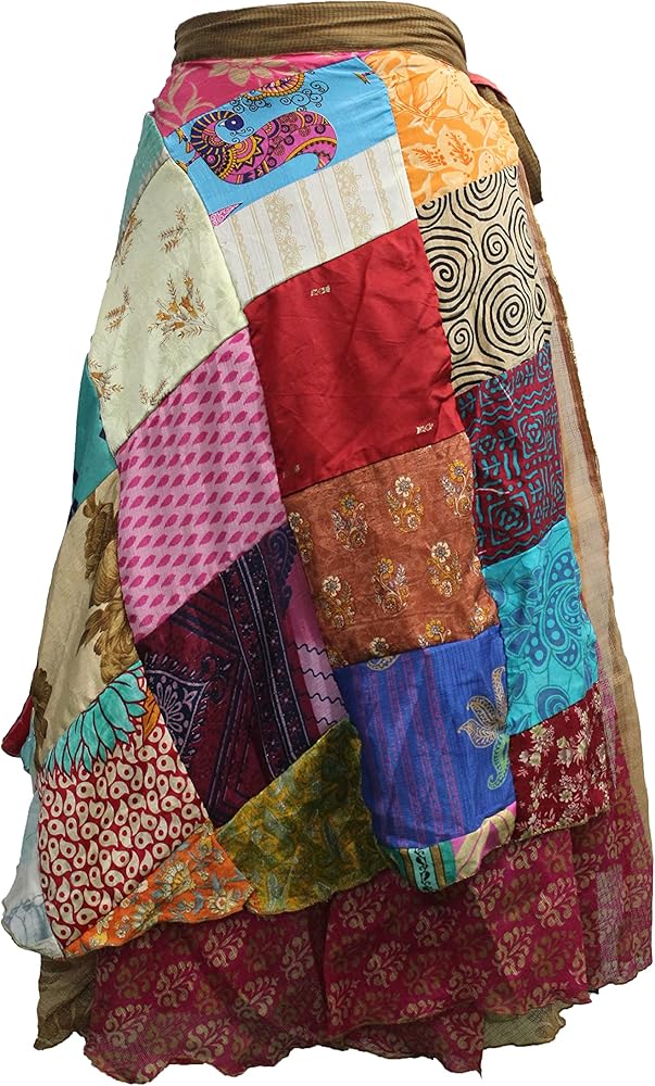 Sari Silk Vintage Patchwork Wraparound Long Skirt - Embrace Timeless Elegance with This Stunning Ethnic Fashion Piece, Perfect for Any Occasion or Casual Outing! Multi