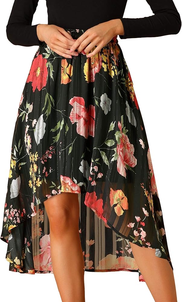 Allegra K Women's High Low Hem Elastic Waist Lurex Chiffon A-Line Midi Floral Skirt