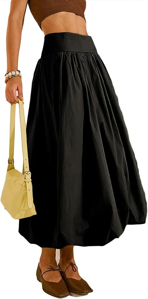 Y2K Bubble Maxi Skirts for Women A Line Long Pleated Casual Summer Skirts 2024 Elastic Waist Balloon Midi Skirt
